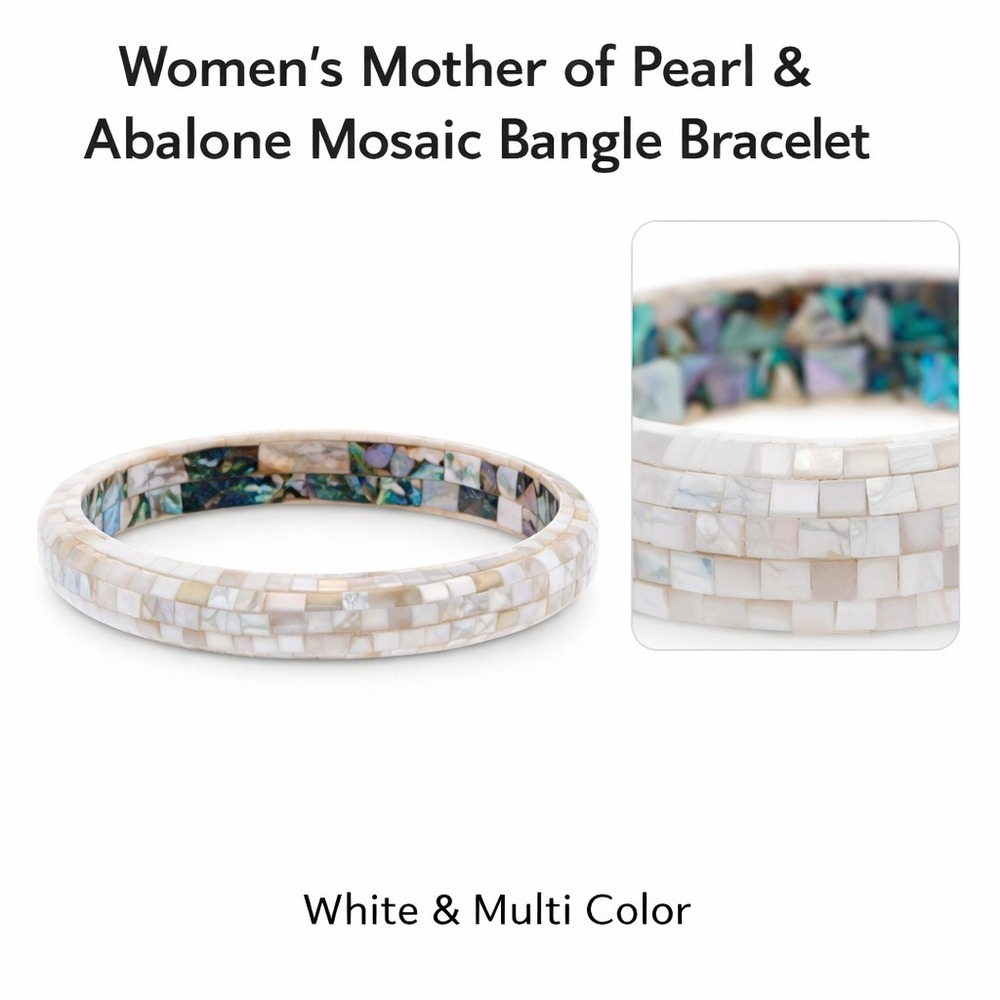 QVC Womens Mother of Pearl Abalone Mosaic Bangle Bracelet White Multi‎ J268123